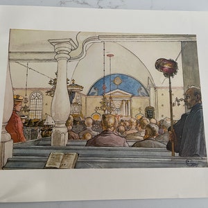Puede incluir: Una pintura acuarela que representa el interior de una iglesia con una congregación de personas en los bancos. La pintura presenta un techo abovedado, vidrieras y una nave central. Las personas están vestidas con ropa de época, y la escena está llena de luz y calidez.