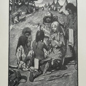 May include: A black and white illustration depicts a group of Native Americans in a field. Several figures are gathered, with some kneeling and others standing. Teepees are visible in the background, suggesting a camp setting. The artwork has a detailed, historical style.