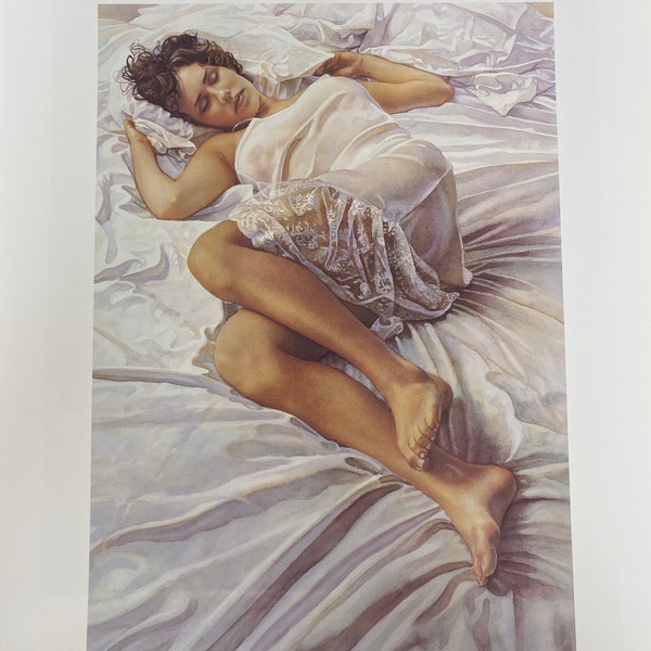 Steve Hanks, Woman, Sleeping, Cat, Water, Anticipation, Poster, Double-Sided, Painting, Watercolor, Page, Print, Art, Vintage, ~20-05-166