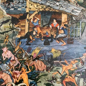 Peut inclure: Une peinture à l'aquarelle représentant une scène de chaos et de délire. Un groupe de personnes travaille dans une forge, tandis qu'une horde de démons et de créatures les entoure. La peinture est pleine de couleurs vives et de détails complexes.