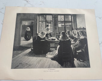 A Nunnery, Claus Meyer, Nuns Sewing, Monastery, Book Page, 1888, Woodcut Print, Sepia-tone, Medium-bond, ~ 240317-WH M-03-06