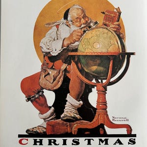 May include: A vintage Christmas illustration of Santa Claus looking at a globe with a magnifying glass. He is holding a small red book that says "Good Boys". The illustration is titled "Christmas" and has the text "Post Cover - December 4, 1926" and "178" below the title.