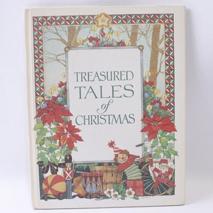 May include: A vintage book titled "Treasured Tales of Christmas" with a red and green border. The cover features a winter scene with a poinsettia, a toy soldier, a drum, a toy wagon, and a Christmas tree.