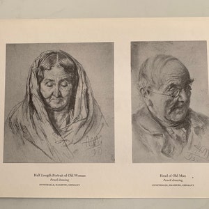 Halblanges Porträt alter Frau, Kopf alter Mann, Bleistiftzeichnung Deutschland, Poster, Buchschild, Kunst, Sammlerstück, 20x12", Vintage, ~ 20-01-1039