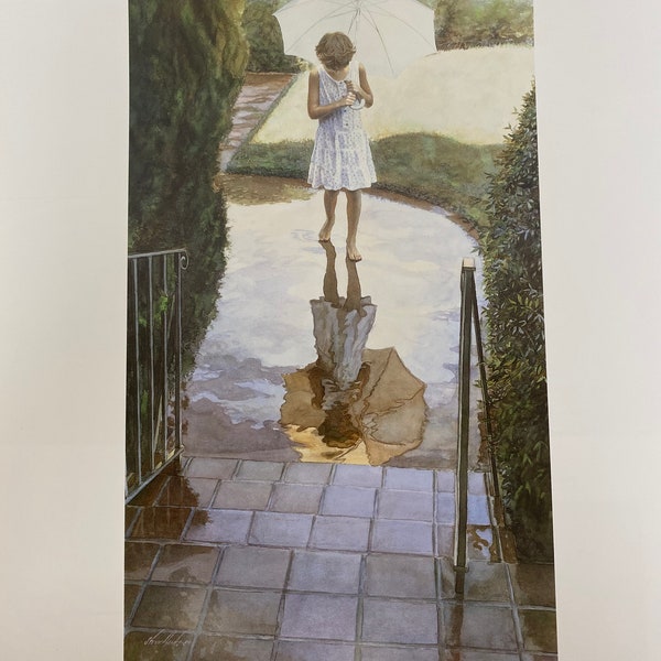 Steve Hanks, Walking In The Rain, Girl, Umbrella, Children, Water, Nutcrackers, Poster, Painting, Watercolor, Print, Art, Vintage,~20-05-166