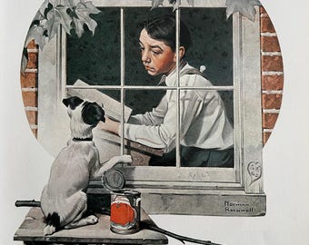 ノーマン ロックウェル、見つめる少年、窓、子犬、釣り竿、1922 年 6