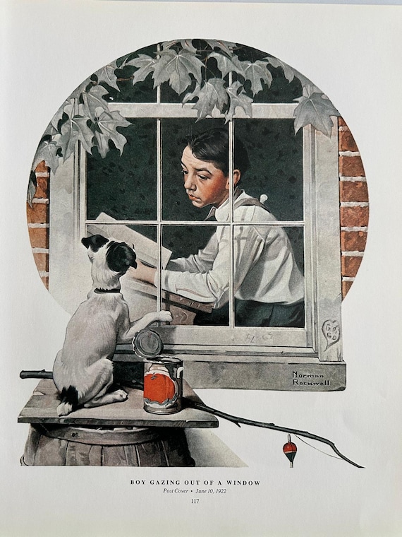 ノーマン ロックウェル、見つめる少年、窓、子犬、釣り竿、1922 年 6