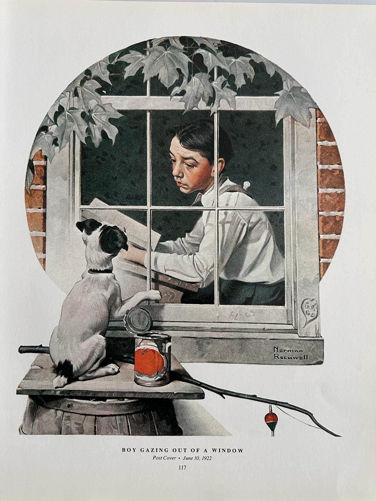 ノーマン ロックウェル、見つめる少年、窓、子犬、釣り竿、1922 年 6