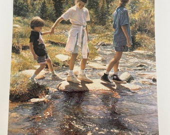Steve Hanks, Stepping Stones, Children, River, Cute Babies, All Gone Awry, Poster, Painting, Watercolor, Print, Art, Vintage, ~20-05-166