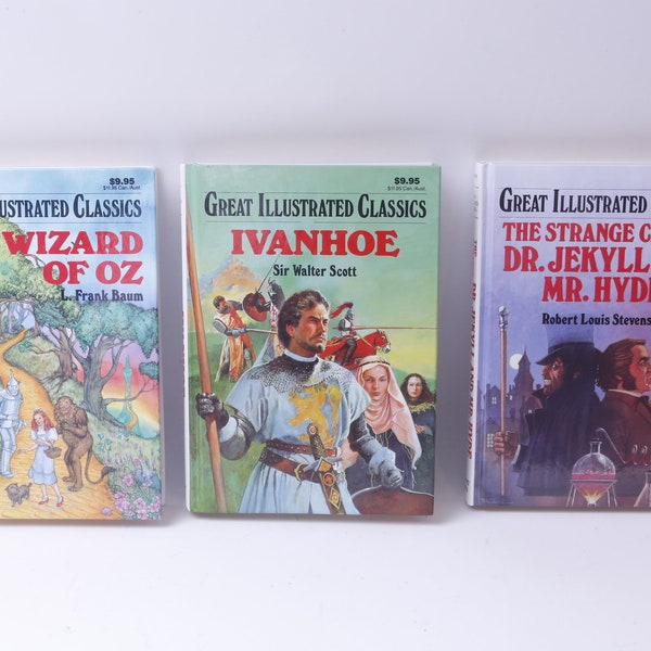 Great Illustrated Classics, Book Set, L Frank Baum, Walter Scott, Robert Louis Stevenson, Set of 3, Hardcover, Classics, Staging, ~ M-11-02