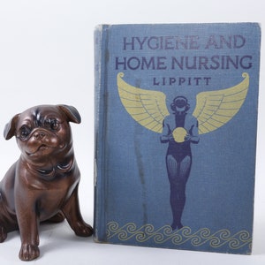 Puede incluir: Un libro vintage titulado "Higiene y enfermería en el hogar" de Lippitt. La portada presenta un fondo azul con una figura alada dorada que sostiene una esfera. El libro está al lado de una figurita de pug marrón.