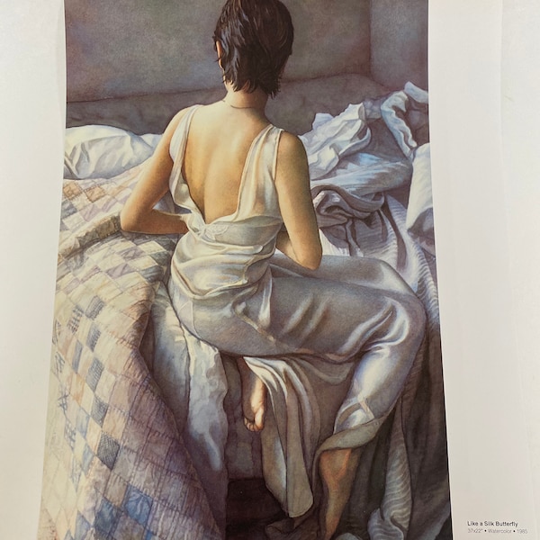 Steve Hanks, Woman, Silk Butterfly, Blue Morning, Bed, Poster, Double-Sided, Painting, Watercolor, Book Page, Print, Art, Vintage,~20-05-166