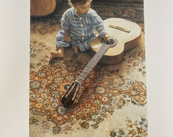 Steve Hanks, Child, Musical Appreciation, Favorite Book, Reading, Girl, Guitar, Poster, Painting, Watercolor, Print, Art, Vintage,~20-05-166