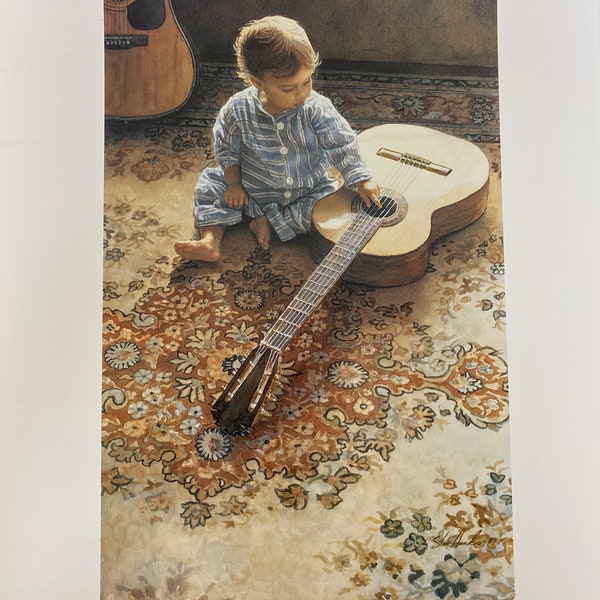 Steve Hanks, Child, Musical Appreciation, Favorite Book, Reading, Girl, Guitar, Poster, Painting, Watercolor, Print, Art, Vintage,~20-05-166