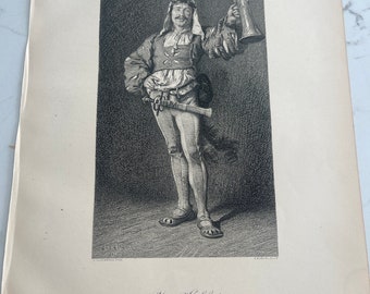 Your Health, Eduard Büchel, Man with Sword Raising a Toast, Book Page, 1888, Woodcut Print, Sepia-tone, Medium-bond, ~ 240317-WH M-03-06