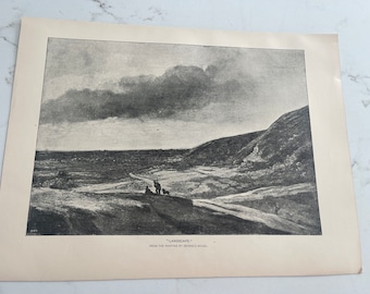 May include: A black and white print of a landscape painting titled "Landscape" from the painting by George Michel.