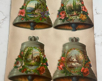 Bells with Countryside Scenes in Floral Frames, Antique Victorian Trade Cards, Old Scrapbook, Advertisement, Collectible, ~ 240119-WH 121