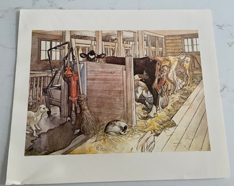 Carl Larsson, Milking, Woman, Cows, Cat, Lamb, Village, Country, Poster, Painting, Book Page, Print, Book Plate, Art, Vintage, ~20-01-10