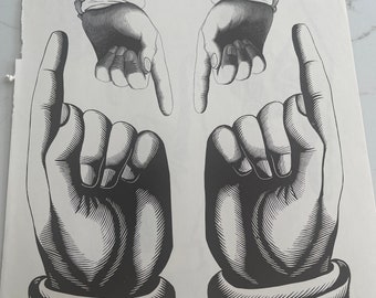 Hands, Pointing, Finger, Drawing, Poster, Bookplate Print, Double-Sided, Black And White, Page, Art, Vintage, ~ 20-31-1096
