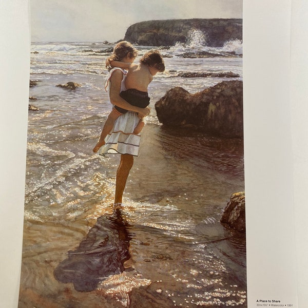 Steve Hanks, A Place To Share, Sea Shore, Children, Gathering Thoughts, Poster, Painting, Watercolor, Page, Print, Art, Vintage, ~20-05-166