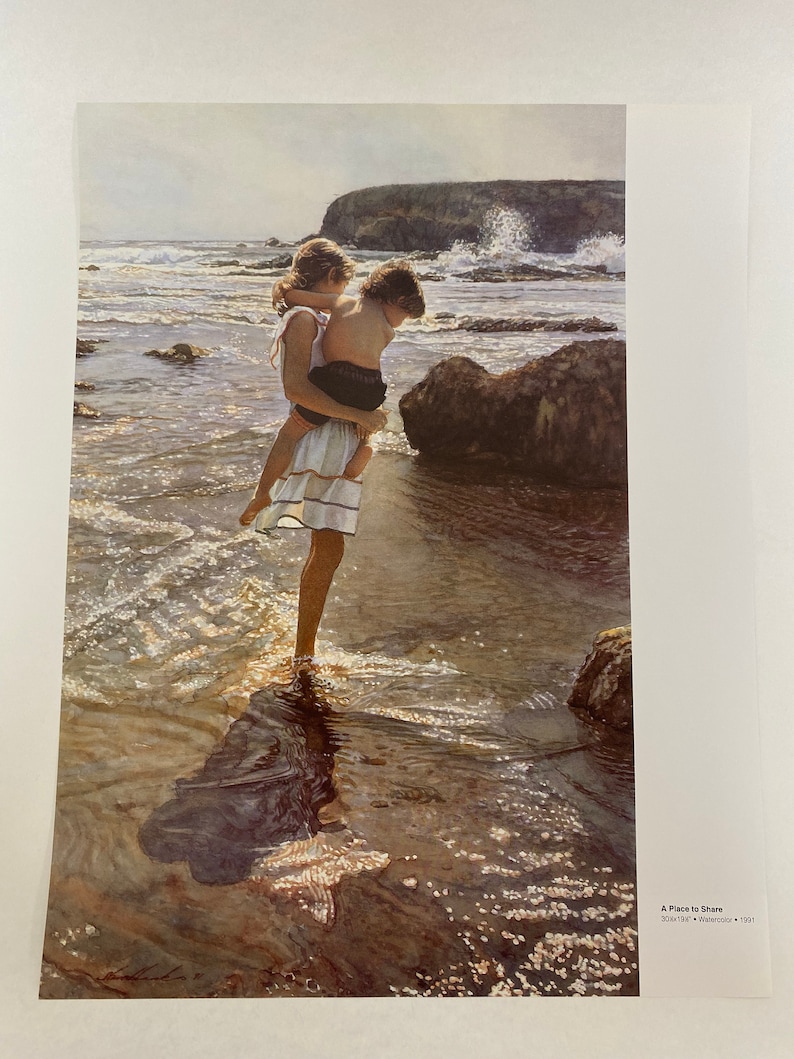 Steve Hanks, A Place To Share, Sea Shore, Children, Gathering Thoughts, Poster, Painting, Watercolor, Page, Print, Art, Vintage, 20-05-166 image 1