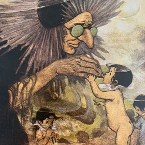 May include: A woman with a long, gray beard and green glasses holds a small, naked child in her arms. The woman is wearing a black robe and a large, dark hat. The child is looking up at the woman with a curious expression. The background is a blurry, light-colored scene.