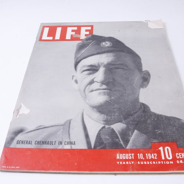 Life, Magazine, August 10, 1942, General Chennault In China, Color Cover, WW2, USA, Periodicals, Illustrated, Softcover, Vintage ~ 20-12-403
