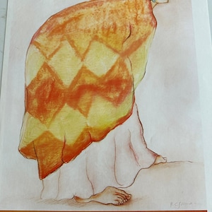 May include: An art print featuring a Native American figure draped in a patterned orange and yellow blanket. The figure is depicted in profile, wearing a white dress. The print includes the text "R.C. Gorman" and "White Buffalo Gallery, Wichita, Kansas."