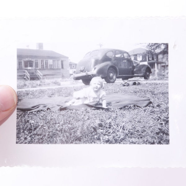 Baby, Little Child on a Throw, Lawn, Retro Car, Summer, Sunlight, Snapshot, Ephemera, Vernacular Photography, Black And White, ~ 20-34-1257