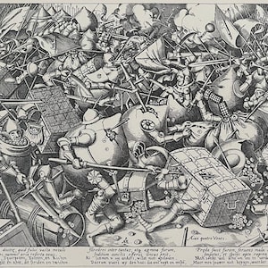 May include: A detailed black and white etching depicts a chaotic medieval battle scene. Armored figures clash with swords, spears, and shields amidst a flurry of action. The artwork includes text in the lower portion, adding historical context.
