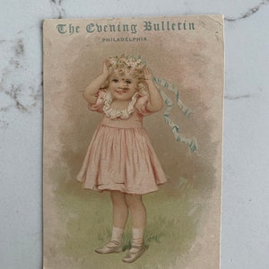 Little Girl wearing Wreath, The Evening Bulletin, Victorian, Trade Card, 1880s, Antique, Cabinet Card, Advertising, ~ 221119-EB-59498 483