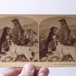 Stereoskop Karte, Der Scotch Gamekeeper, Jäger, Hunde, Schottland, Antik, Stereographie, Stereograph, Druck, Bild, Vintage, ~20-01-684