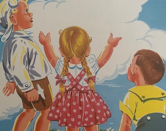 Children, Waving, Airplane, Sky, Erla Young, Picture, Bookplate, Child-like, Print, 12 x 10&quot;, Art, Collectible, Decor, Vintage, ~ 20-01-551