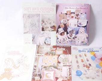 Vintage Cross Stitch Log Baby Designs Craft Book Lot Bibs Booties Bonnets Afghans ~ 260402-WH 1058