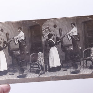 Stereoscoop kaart, Man, Huwelijk, Problemen, Thuis, Man, Vrouw, Antiek, Stereoview Kaart, Stereografie, Afdrukken, Foto, Vintage, ~ 20-01-611