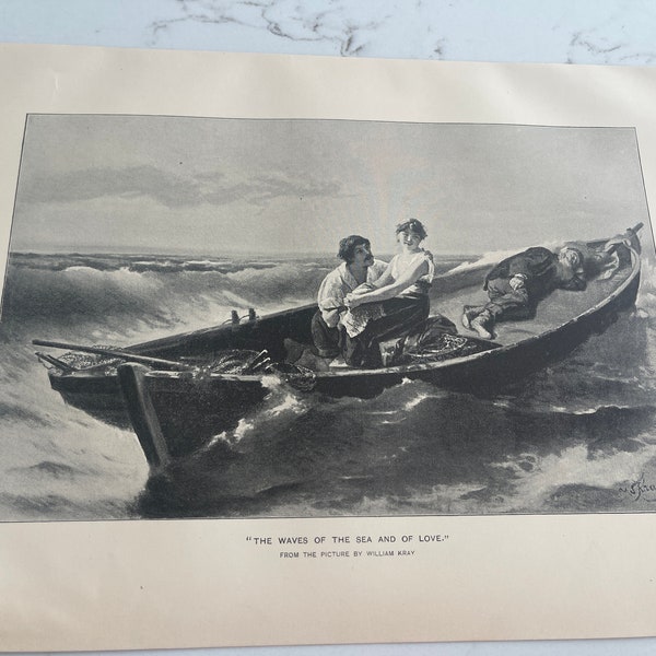 The Waves of The Sea And Love, William Kray, Couple in a Boat, Book Page, 1888, Woodcut Print, Sepia-tone, Medium-bond, ~ 240317-WH M-03-06