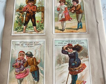 Artist's Easel, Cute Kids, skiing Antique Victorian Trade Cards from an Old Scrapbook, Advertisement, Collectible, ~ 240119-WH 121