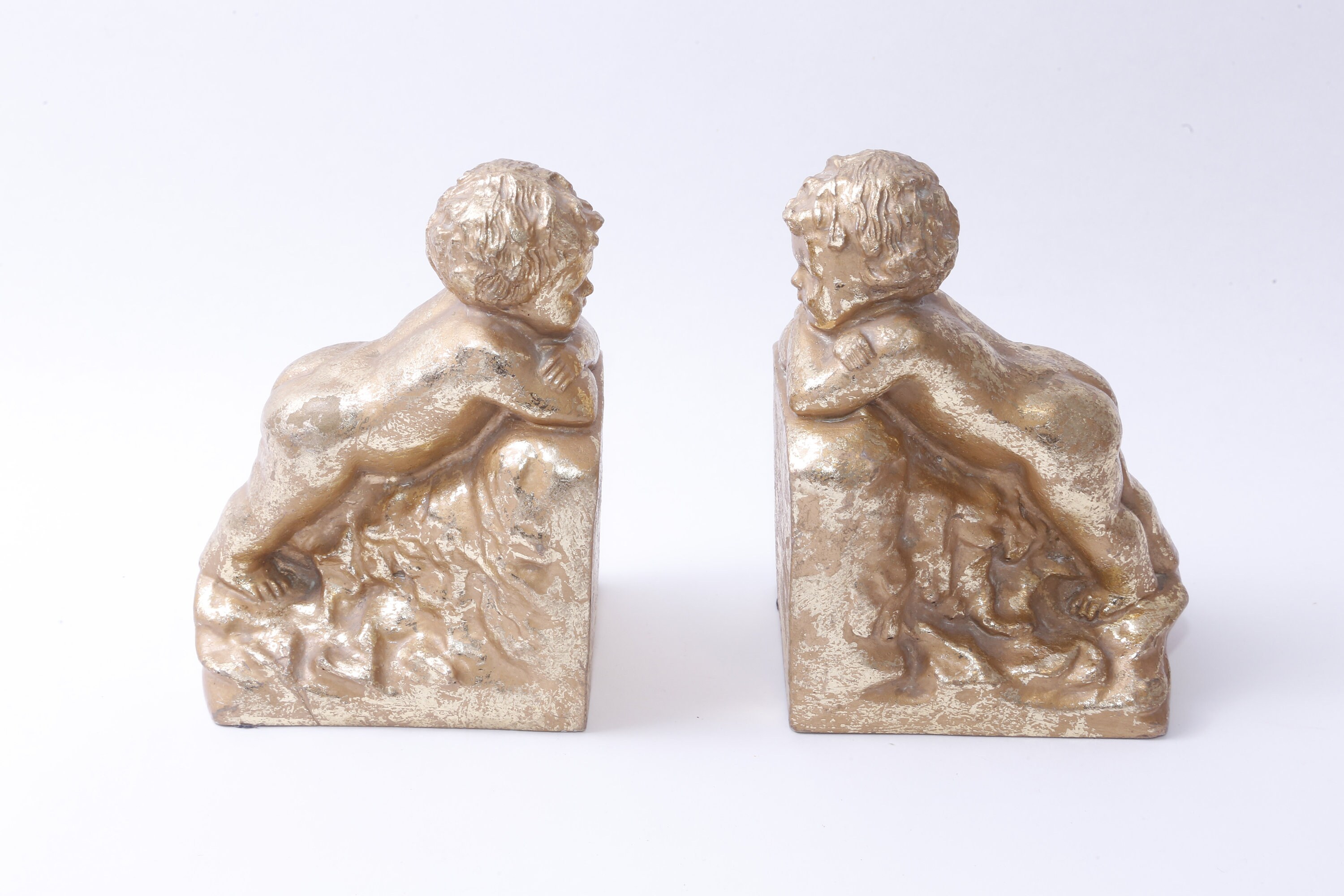 Little Children, Angels Cherub Gold Adorable Kids, Bookend, 5", Interior, Design, Shelf, Decor, Bookshelf Figure, Vintage ~ 20-01-596