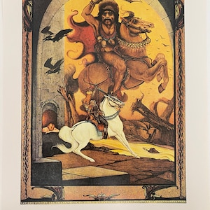 May include: A vintage illustration of a warrior riding a horse, holding a sword, with a second rider on a white horse in the foreground. The scene is set in a fantastical landscape with a stone archway and a dark sky.