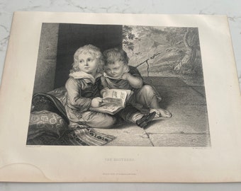 The Brothers, Johannes Vogel, Children with a Picture Book, Book Page, 1888, Woodcut Print, Sepia-tone, Medium-bond, ~ 240317-WH M-03-06