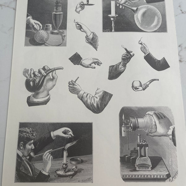 Hands, Pipe, Smoking, Lamp, Phone, Poster, Bookplate Print, Double-Sided, Black And White, Page, Art, Vintage, ~ 20-31-1096