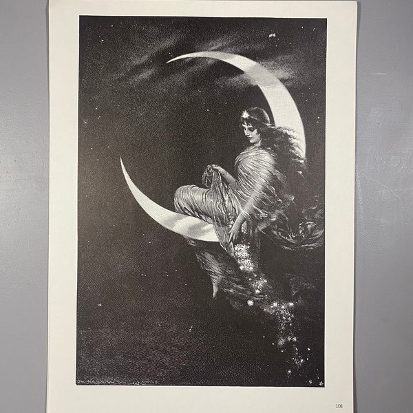 Enchantress Sitting On Moon, Found Image Press, Woodcuts, 19thC Sources, One-Sided, Print, 12x9", Art, Vintage, ~ 220914-73581 476