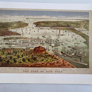 Ilustrado, Ilustración, Vintage, Impresión, Nueva York, Mapa, Reimpresión, Histórico, Ojo de pájaro, Puerto, La batería, Litografía coloreada - M-01-02