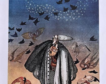 Pipe Player, Birds, Whistler, The Three Princesses, Art Nouveau, Kay Nielson, Unique, Illustration, Print, Book Page, 250213-WH 09