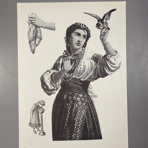 May include: A black and white illustration of a woman in a traditional dress holding a bird. The woman is wearing a long skirt with a patterned design and a blouse with a high neckline. She is holding a small bird in her right hand, and her left hand is resting on her chest. The illustration is set against a white background.