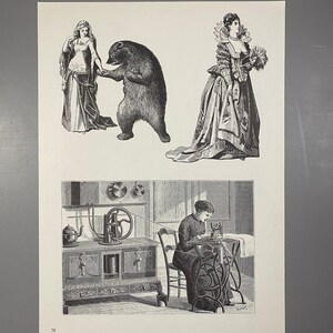 May include: A black and white illustration of a woman in a long dress holding a bouquet of flowers, a woman in a long dress interacting with a bear, and a woman sitting at a sewing machine.