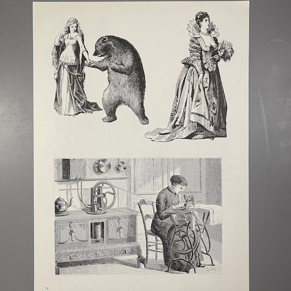 Bear, Walking Dress, Sewing Machine, Sewer Woman, Woodcuts, 19thC Sources, Print, 12x9", Art, Vintage, Collectible ~220914-EB-73581