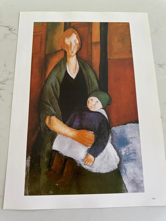 モディリアーニ「子供を抱く座る女性」絵画、版画、肖像画、美術、パリ