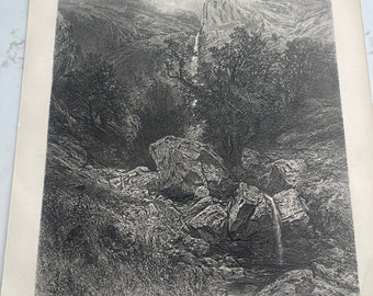 A Landscape, Julius Marak, Rocky Mountain with a Waterfall, Book Page, 1888, Woodcut Print, Sepia-tone, Medium-bond, ~ 240317-WH M-03-06