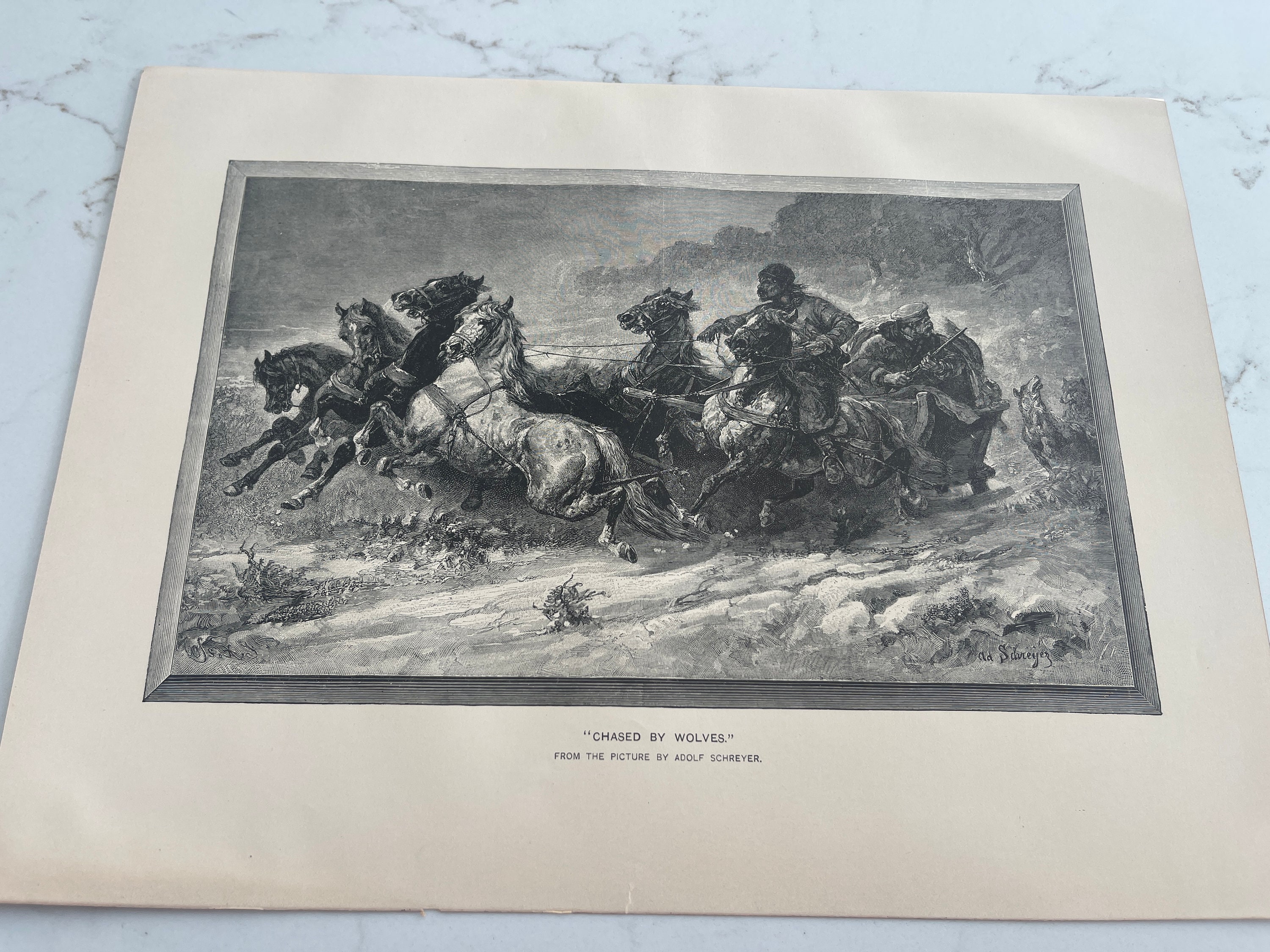 Wolves 1888 Chased by Wolves, Adolf Schreyer, Horses, Sleigh, Siberia, Book Page ...